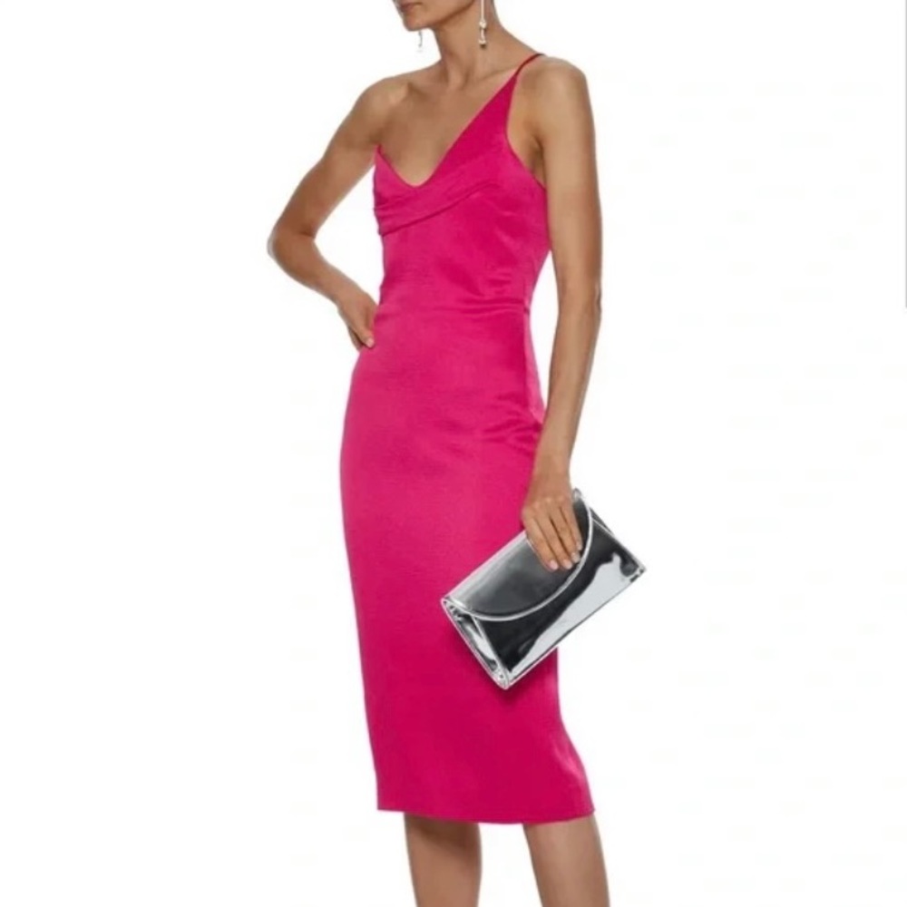 Cushnie NWT fuchsia one shoulder textured satin crepe midi dress- US size 4